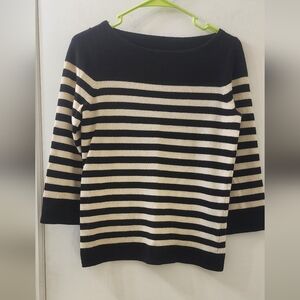 J. Crew Black and Cream Striped Sweater, Size Small, 90% Wool, 10%‎ Cashmere.